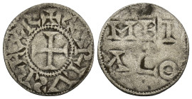 CAROLINGIANS. Charles le Simple (the Simple). As Charles IV, King of West Francia, 898-922. AR Denier (20mm, 1.0 g). Metalo (Melle) mint. + CΛRLV(retr...