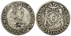 Polish Ort (18 Groszy) 1657 "Danzig" with mark DL. This silver coin from the times of John II Casimir struck at the Danzig Mint. (29mm, 6.28 g)