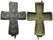Bronze reliquary cross pendant. Theotokos (Mother of God) in orans posture and the four nimbate busts of Evangelists, with the Gospel in their hands. ...