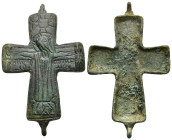 Bronze reliquary cross pendant. Jesus Christ on the cross, dressed with a long robe (sticharion) and two flanking small figures (Virgin Mary and Saint...