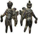 Bronze statuette of Mercury standing nude with cloak thrown over the left shoulder and wearing a winged hat; to his right hand a money bag. (49mm, 23....