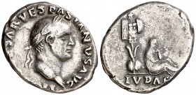 (69-70 d.C.). Vespasiano. Denario. (Spink 2296) (S. 226) (RIC. 2). 3,31 g. Escasa. MBC.