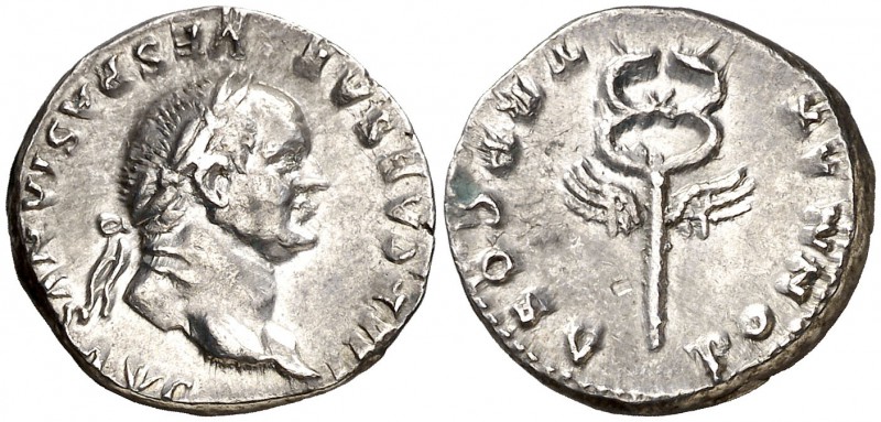 (74 d.C.). Vespasiano. Denario. (Spink 2299) (S. 362) (RIC. 703). 3 g. MBC+.