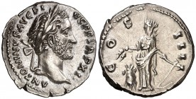 (148-149 d.C.). Antonino pío. Denario. (Spink 4067 var) (S. 284) (RIC. 175). 3,59 g. Bella. EBC.