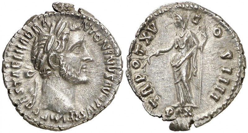 (151-152 d.C.). Antonino pío. Denario. (Spink 4095 var) (S. 585) (RIC. 216a). 2,...