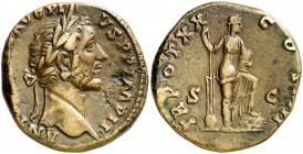 (156-157 d.C.). Antonino pío. Sestercio. (Spink 4251) (Co. 1017) (RIC. 964). 24,67 g. MBC+.