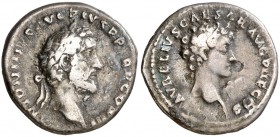 (141 d.C.). Antonino pío y Marco Aurelio. Denario. (Spink 4524) (S. 15) (RIC. 417a). 3,16 g. MBC-.