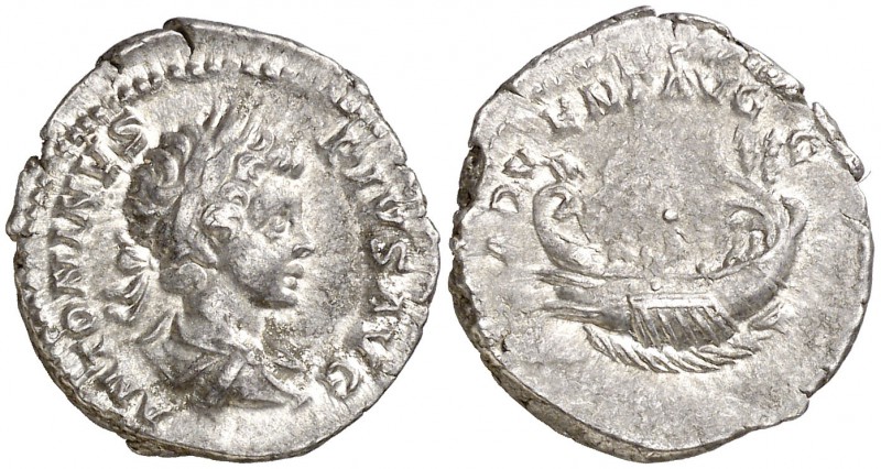 (202 d.C.). Caracalla. Denario. (Spink 6790) (S. 3) (RIC. 120). 3,42 g. MBC+.