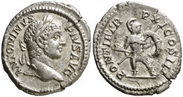 (208 d.C.). Caracalla. Denario. (Spink 6867) (S. 446 y 447) (RIC. 100). 3,22 g. Pequeña grieta. EBC-/MBC+.