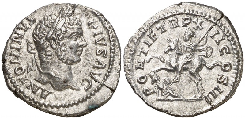 (209 d.C.). Caracalla. Denario. (Spink 6870) (S. 468) (RIC. 113). 3,06 g. Grieta...