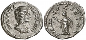 (214 d.C.). Julia Domna. Denario. (Spink 7100) (S. 32) (RIC. 373A, de Caracalla). 3,28 g. Bella. EBC-.
