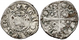 Jaume II (1291-1327). Barcelona. Diner. (Cru.V.S. 348.1) (Cru.C.G. 2162a). 0,95 g. Letras A y U latinas. Manchitas. (MBC-).
