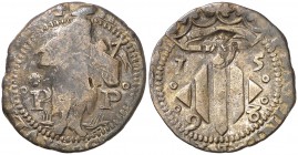 1598. Felipe II. Perpinyà. Doble sou. (Cal. 839) (Cru.C.G. 3806a). 2,31 g. Contramarca: cabeza de San Juan (realizada en 1603). MBC-.