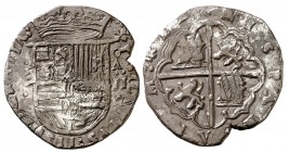 s/d. Felipe II. Valladolid. . 2 reales. (Cal. 587). 6,69 g. Pátina oscura. Escasa. MBC-.