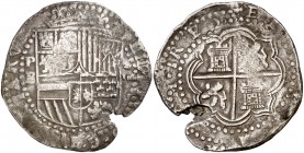 s/d. Felipe II. Potosí. B. 8 reales. (Cal. 158 var). 26,50 g. Castillos del reverso con seis ventanas y puerta abierta. Defecto de cospel. (MBC-).