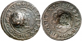 Felipe III. (J.S. pág. 217). 5,59 g. Resello falso de época de valor VIII, sobre 4 maravedís de Segovia de 1599 también falso, ambos de muy buen arte....
