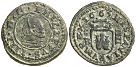 1663. Felipe IV. Segovia. . 4 maravedís. (Cal. 1552). 1,35 g. Pátina verde. Ex Áureo 28/04/2004, nº 378. Rara así. EBC-.