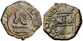 1661. Felipe IV. Cuenca. . 8 maravedís. (Cal. 1324). 1,76 g. Acuñada a martillo. Buen ejemplar para el tipo. Rara. MBC.