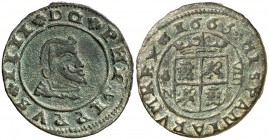 1663. Felipe IV. Granada. N. 8 maravedís. (Cal. 1364). 1,81 g. Pátina verde. Ex Áureo 28/04/2004, nº 2708. MBC+.