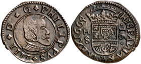 1664. Felipe IV. Madrid. S. 16 maravedís. (Cal. 1405). 3,74 g. Buen ejemplar. Ex Áureo 28/04/2004, nº 2726. MBC+.