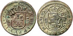 (1)642. Felipe IV. Sevilla. (Cal. pág. 370) (J.S. H-34, dice no haber visto ningún ejemplar). 5,35 g. Resello de valor XII sobre 8 maravedís de Segovi...