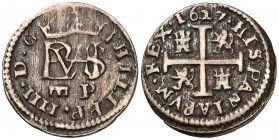 1627. Felipe IV. Segovia. P. 1/2 real. (Cal. 1195). 1,31 g. Acueducto de 2 arcos. MBC+.