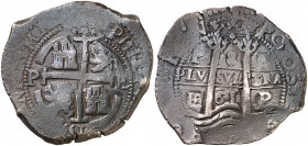 1661. Felipe IV. Potosí. E. 8 reales. (Cal. 450). 28,06 g. Doble fecha y triple ensayador. Pátina oscura. MBC-.