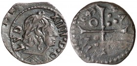 1643. Guerra dels Segadors. Barcelona. 1 diner. (Cal. 156) (Cru.C.G. 4558). 0,68 g. Busto de Lluís XIII. A nombre de Lluís XIV. MBC+/MBC.