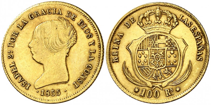 1855. Isabel II. Sevilla. 100 reales. (Cal. 33). 8,34 g. Leves rayitas. MBC+/EBC...