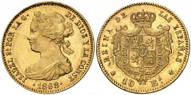 1868*1868. Isabel II. Madrid. 10 escudos. (Cal. 47). 8,31 g. Leves golpecitos. EBC-.