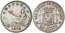 1870*70. Gobierno Provisional. SNM. 50 céntimos. (Cal. 20). 2,46 g. Limpiada. MBC-.