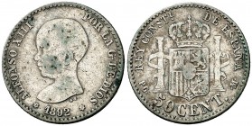 1892*22. Alfonso XIII. PGM. 50 céntimos. (Cal. 56). 2,44 g. Escasa. MBC-.