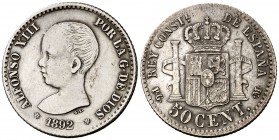 1892*22. Alfonso XIII. PGM/MPM. 50 céntimos. (Cal. 56 var). 2,50 g. Rayitas. Escasa. MBC/MBC+.