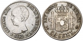 1892*62. Alfonso XIII. PGM. 50 céntimos (Cal. falta). 2,49 g. Escasa. MBC-.