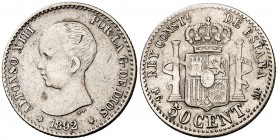 1892/1*82. Alfonso XIII. PGM. 50 céntimos. (Cal. 57). 2,43 g. Rayita. Escasa. MBC-.