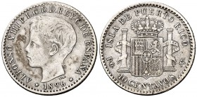1896. Alfonso XIII. Puerto Rico. PGV. 10 centavos. (Cal. 85). 2,48 g. Golpecito. MBC-.