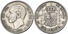 1881*1881. Alfonso XII. MSM. 1 peseta. (Cal. 56). 5,09 g. Rara. MBC-.