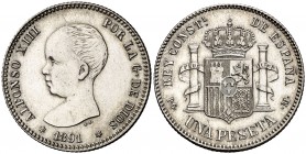 1891*1891. Alfonso XIII. PGM. 1 peseta. (Cal. 38). 5 g. Limpiada. (MBC+/EBC-).