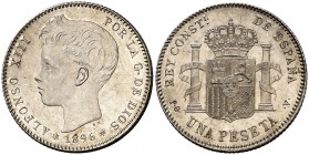 1896*1896. Alfonso XIII. PGV. 1 peseta. (Cal. 41). 5,10 g. Leves rayitas. Brillo original. EBC+.