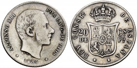 1884. Alfonso XII. Manila. 20 centavos. (Cal. 91). 5,10 g. Escasa. MBC.