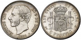 1884*--84. Alfonso XII. MSM. 2 pesetas. (Cal. 53). 9,98 g. Golpecitos. Buen ejemplar. EBC-.