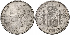 1889*---- Alfonso XIII. MPM. 2 pesetas. (Cal. 29). 9,97 g. MBC/MBC-.