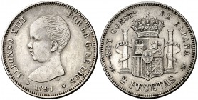 1891*1891. Alfonso XIII. PGM. 2 pesetas. (Cal. 31). 10 g. Escasa. MBC+/MBC.