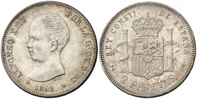 1892*1892. Alfonso XIII. PGM. 2 pesetas. (Cal. 32). 9,98 g. Pátina. MBC+/MBC.