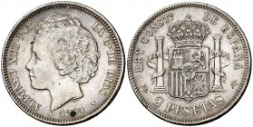 1894*1894. Alfonso XIII. PGV. 2 pesetas. (Cal. 33). 10 g. Limpiada. Escasa. MBC-.