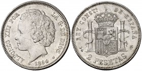 1894*1894. Alfonso XIII. PGV. 2 pesetas. (Cal. 33). 10,04 g. Leves rayitas. Escasa. MBC+.