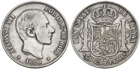 1880. Alfonso XII. Manila. 50 centavos. (Cal. 78). 12,76 g. Rara. MBC-.