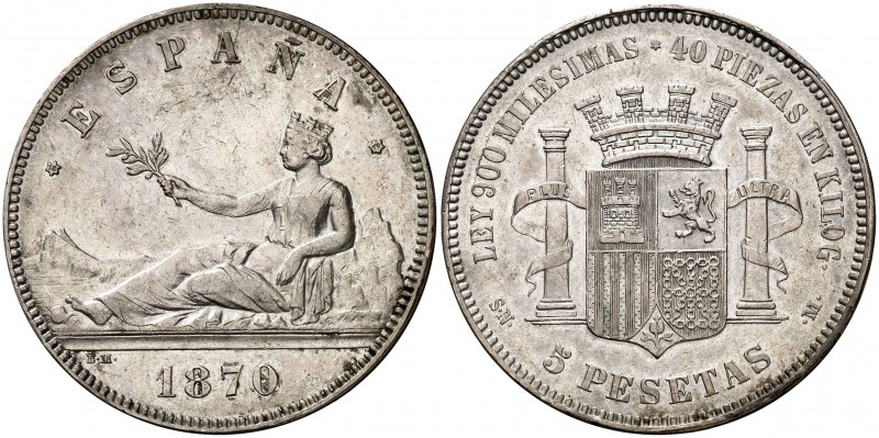 1870*1870. Gobierno Provisional. SNM. 5 pesetas. (Cal. 3). 24,96 g. Leves rayita...