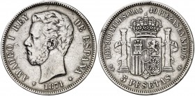 1871*1873. Amadeo I. DEM. 5 pesetas. (Cal. 9). 24,76 g. Golpecitos. Limpiada. Rara. BC+.