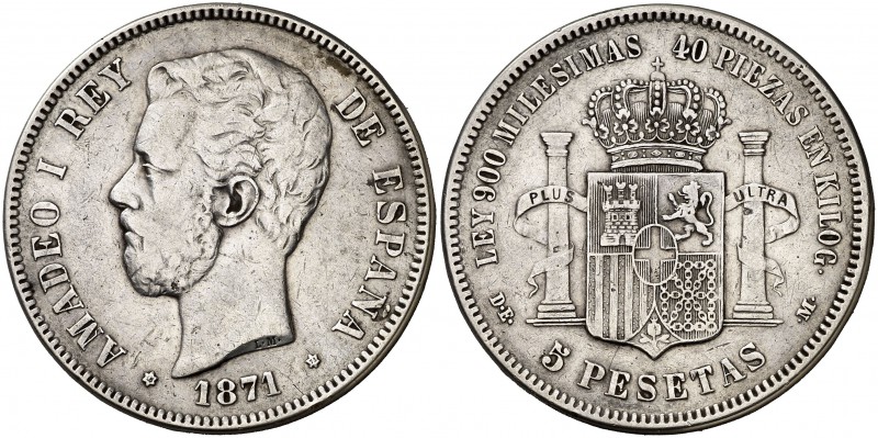 1871*1873. Amadeo I. DEM. 5 pesetas. (Cal. 9). 24,40 g. Escasa. MBC-.